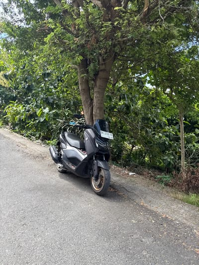 A black Yamaha motorcycle is parked on the side of a paved road in Pejukutan, Indonesia. The license plate reads "DK 2720 NI". The motorcycle is situated next to a lush green tree and vegetation. The road shows signs of wear and cracking. The photo is taken in daylight. No people are visible in the image.