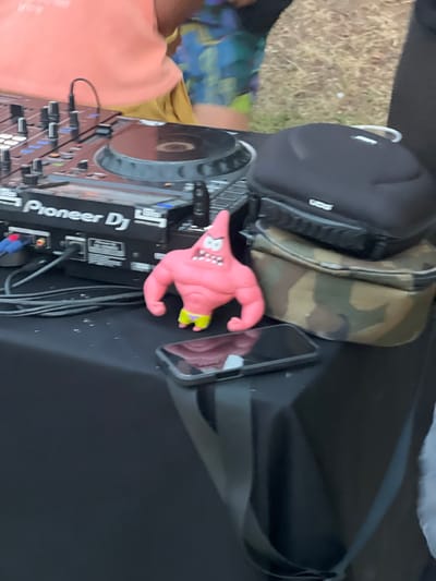 The image depicts an outdoor setting, likely a temporary setup for a DJ. A Pioneer DJ controller is visible, along with a black carrying case and a camouflage bag. A pink, muscular toy figure resembling Patrick Star from SpongeBob SquarePants stands on a black table in front of the DJ equipment. A smartphone is also placed on the table. In the background, dry grass and foliage are visible, suggesting a natural or park-like environment. The overall scene is informal and appears to be set up for an event. The location of Fasano, Italy is not discernible from the image itself.