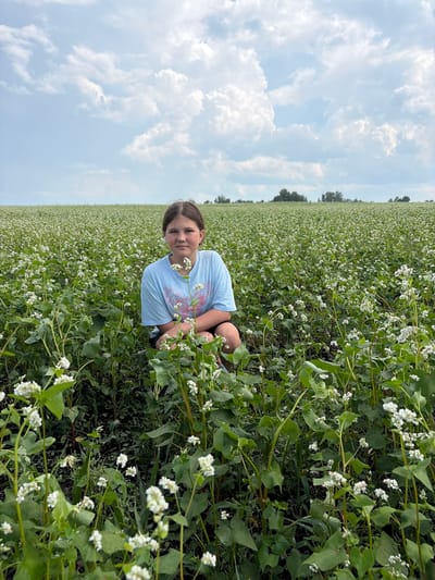A young girl with brown hair, wearing a blue t-shirt and dark shorts, is crouching in a field of buckwheat flowers. The field stretches out behind her to the horizon, with trees visible in the distance. The sky is filled with large, white cumulus clouds. The girl is looking at the camera with a neutral expression. The image appears to have been taken outdoors during the day. The location is identified as Nalobikha, Russia.