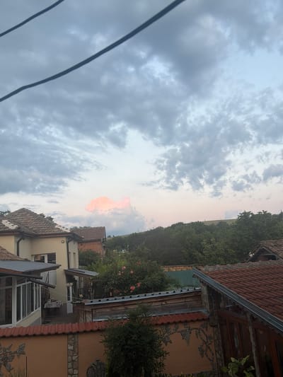 This image depicts an outdoor residential scene in Kozlovets, Bulgaria, observed from an elevated perspective, likely during late afternoon or early evening. The upper portion of the image features a sky predominantly covered by grey, broken clouds. In the mid-right sky, a singular, intensely illuminated cloud formation exhibits a prominent pink-orange hue, contrasting with the surrounding grey. Two dark, parallel power lines diagonally traverse the upper-left quadrant of the sky.
Below the sky, the mid-ground is occupied by residential structures and dense vegetation. On the left, a two-story house with a light-colored (cream) facade and a brown tiled roof is visible, featuring large windows and an enclosed patio area. Further right, parts of other houses with traditional red-brown tiled roofs and some exposed brickwork are present. A substantial fence with a reddish-brown tiled coping and a base composed of stone and stucco, adorned with a decorative vine motif, runs across the lower mid-ground. Extensive greenery, including numerous trees and bushes, some with pink flowers, fills the spaces between and around the houses, forming a dense treeline.
In the background, a gentle, green-covered hill is visible against a paler sky towards the right horizon. No human figures or discernible animals are present within the frame. The overall lighting is soft and diffuse, consistent with the indicated time of day.