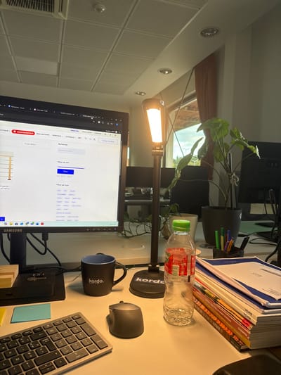 This image captures an organized office desk setup within an open-plan office environment in Lièpvre, France. The foreground displays a black and silver keyboard, a light blue and a yellow sticky note, a black mug with "kordo." branding and a blue interior, and a black computer mouse. Central to the desk is a black Kordo-branded desk lamp, emitting warm yellow light from its vertical rectangular panel. To the lamp's right, a clear plastic water bottle with a green cap and a red-labeled product stands next to a stack of documents, including white papers, blue folders, and several magazines or books with colorful spines. A black pen holder filled with various colored pens is situated behind these items.

A black Samsung computer monitor occupies the left side of the frame, displaying a French webpage, likely an e-commerce or product configuration interface, with visible elements such as "Filtrer par prix" (Filter by price) and "Filtrer par type" (Filter by type). Behind the desk lamp, a potted plant with large green leaves is visible in a dark grey pot. The background reveals additional office workstations with monitors and dark chairs, indicating a shared workspace. A large window on the right side of the background shows an exterior view featuring a building structure, green foliage, and an overcast sky, partially obscured by orange-brown curtains. The ceiling of the office features white square acoustic panels, recessed lighting fixtures, and a ventilation grate. No individuals are present in the scene.