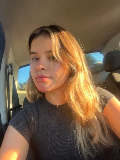 An image displays a young adult female positioned in the front seat of a vehicle in Santa Rosa, Argentina, looking directly at the camera. Her long, wavy, light brown and blonde hair is highly illuminated by warm, direct sunlight originating from the viewer's right, indicating a low sun angle. She is wearing a dark grey ribbed short-sleeved top, a thin necklace, and a small, partially visible tattoo on her right forearm. Her facial complexion is fair, with minor blemishes visible on her forehead and around her mouth. The vehicle's interior features a light-colored headliner and a dark fabric seat headrest visible behind and to her right. Through the vehicle's windows, a clear blue sky, distant landscape features, and green foliage are discernible, consistent with an outdoor environment during either sunrise or sunset.