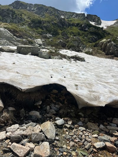 The image captures a mountainous landscape in Panichishte, Bulgaria, under a partly cloudy sky. In the foreground, a patch of melting snow rests on a rocky, uneven terrain. The snow is partially undercut, revealing dry grass and a collection of stones beneath it. Small pine needles and pinecones are scattered on the snow's surface. The middle ground features more rocky slopes with sparse green vegetation and some scattered snow patches. The background is dominated by a steep, rocky mountain peak, also showing patches of snow and vegetation. The overall scene suggests a high-altitude environment during a warmer season, where snow is beginning to melt.