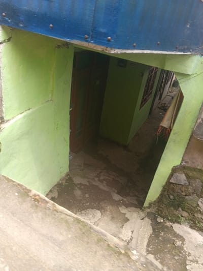 This image depicts a downward view into a narrow, semi-enclosed concrete passageway or alley in Bien Hoa, Vietnam. The scene is dominated by weathered, lime-green painted walls. A blue corrugated plastic or metal sheet, secured by visible fasteners, forms a canopy or overhang at the top. On the left, a dark brown, possibly wooden, double door with glass panels is recessed into a green wall, leading into a dark interior space. The ground level of the passageway is composed of uneven, stained concrete, appearing damp in areas. Further along the right side of the passageway, another lime-green wall features a window protected by dark grates. A light-colored textile, possibly a towel, with orange fringed ends, hangs partially visible near the right wall. Patches of moss and small plant growth are present on the lower sections of the walls and ground on the right. No individuals, actions, or interactions are visible.