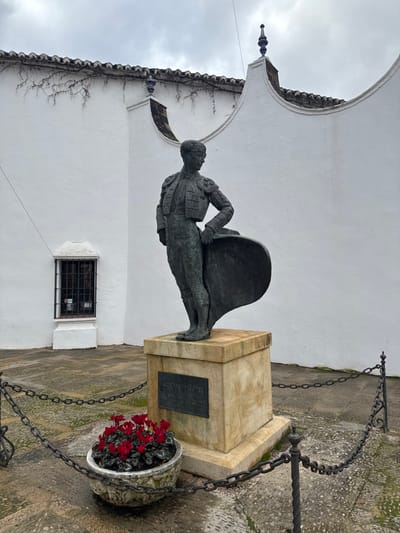 This image depicts a bronze statue of a matador in an outdoor setting within the city of Ronda, Spain, likely near the Real Maestranza bullring due to its subject matter and architectural context. The dark-patinated statue stands on a rectangular, light-colored stone pedestal, facing slightly right of the viewer. The matador is dressed in traditional bullfighting attire, with his left hand on his hip and his right hand holding a folded cape at his side. A dark, rectangular plaque is affixed to the front of the pedestal, displaying an inscription that is illegible.

Behind the statue, a white stuccoed building, characteristic of Andalusian architecture, forms the background. Its upper section features a terracotta tiled roof, beneath which sparse, dry vine tendrils cling to the white wall. The building's parapet includes two decorative curved architectural elements, each topped with a blue and white ceramic finial. To the left, a small, recessed rectangular window with a dark metal grille is visible in the white wall.

The ground consists of irregularly shaped, damp-looking paving stones. A dark metal chain barrier, supported by ornate posts, encloses the immediate area around the statue and its pedestal. To the left of the pedestal, a textured, grey stone planter bowl holds vibrant red cyclamen flowers with dark green leaves. The sky above is overcast and light grey.