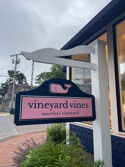 This is a medium shot of a Vineyard Vines store sign hanging from a white wooden post outside the store. The sign is dark blue with a pink rectangular inset. The Vineyard Vines logo, a pink whale, is on the left side of the inset. The words "vineyard vines" are written vertically in large pink letters on the right side of the inset, and "martha's vineyard" is written below in smaller pink letters. The sign is hanging by chains from the wooden post, which has a decorative, wavy shape at the bottom. The store facade above the sign is dark blue with white trim and a window. The weather appears to be overcast and possibly rainy, as there are droplets of water on the sign and the post. The background shows trees, buildings, and power lines, suggesting an outdoor commercial setting. The overall impression is that of a retail establishment in a coastal town, likely during the day given the lighting. There are no people visible in the image.