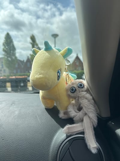 Two plush toys, a yellow unicorn and a grey furry creature, are positioned on the dashboard of a vehicle. The unicorn is in the foreground and to the left, facing towards the right. It has blue eyes with black pupils and a light blue mane and tail. Attached to the unicorn is a keychain with a gold ring and a small gold charm. To the right of the unicorn is the grey furry creature, which is positioned lower on the dashboard. It has large, prominent blue eyes with black pupils and a furry, elongated body. A light beige strap is attached to the creature, appearing to be a loop or a restraint. The toys are placed on a textured, dark grey surface that appears to be the car's dashboard.

In the background, visible through the car's windshield, is an outdoor scene. The sky is cloudy with patches of blue. Trees and buildings are visible, suggesting an urban or suburban environment. The buildings appear to be residential or commercial, with brick facades. A street or road is also visible, with a dark vehicle or structure on it. The overall impression is that the vehicle is parked or driving in the city of Heerhugowaard, Netherlands. The lighting suggests it is daytime, possibly with bright sunlight filtering through the clouds. The scene has a slightly blurred quality, common in photographs taken through glass.