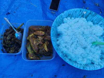 A close-up shot showcases a meal laid out on a blue tarp, likely outdoors in Cintadamai, Indonesia. The food is presented in three containers: a clear plastic tub on the left holds pieces of dark-colored meat in a savory sauce, with a silver serving spoon resting inside. To its right, another clear plastic tub contains several fish, coated in a yellowish-brown sauce. A large, blue and white patterned bowl, filled to the brim with fluffy white rice, occupies the right side of the frame. A green serving utensil peeks out from the rice. In the background, a smartphone lies on the blue tarp, suggesting a casual outdoor setting. The lighting suggests it could be daytime. The arrangement of food indicates a communal meal or picnic.