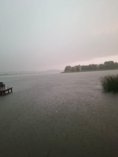 The image depicts a somber, overcast scene of a lake during a rain shower in Слабодкаўскі сельскі Савет, Belarus. The sky is a uniform, pale gray, hinting at a heavy cloud cover. The lake's surface is disturbed by numerous raindrops, creating a speckled texture across the dark water. In the foreground to the left, a wooden pier or dock with a bench is partially visible, its structure weathered and dark. Along the right edge of the lake, tall reeds or marsh grass grows in a dense clump. The far shore of the lake is lined with a distant, hazy treeline, suggesting a rural or natural setting. The overall atmosphere is one of quiet melancholy, with the rain creating a sense of isolation and subdued natural beauty. There are no people or animals visible in the frame.