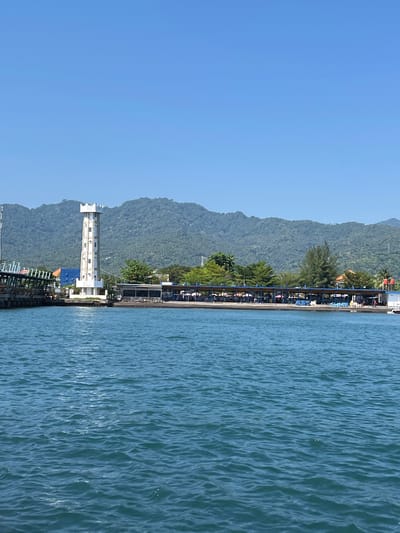 The image depicts a coastal scene in Pemenang Timur, Indonesia. The view is oriented with the water on the right and land on the left. A body of water with visible ripples dominates the right side of the image.
A stretch of land with a coastal road runs along the water's edge. Vegetation, including trees, is visible on the land. Buildings, structures, and parked vehicles are also present along the coastal road.
A tall, multi-story, tower-like structure is noticeable towards the lower left, near the water's edge. Behind this structure, a mountain range covered in dense greenery rises up, filling the background. The sky is clear and blue.