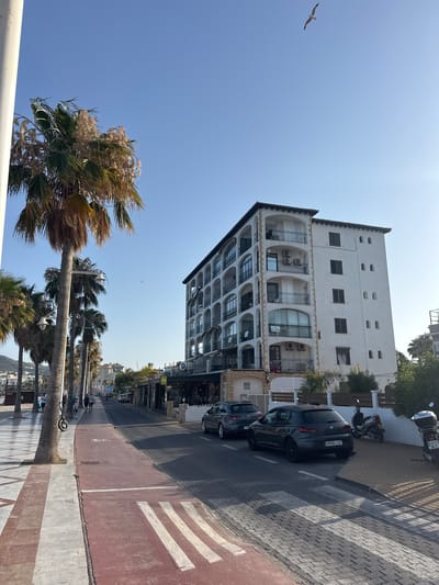 This is a street scene in Altea, Spain, featuring a multi-story white building with arched balconies and a tiled roof, lined with palm trees. In the foreground, a red pedestrian crossing is visible on the asphalt road. Several cars and motorcycles are parked along the street. People are walking on the sidewalk next to the palm trees. The sky is clear and blue, with a seagull flying in the upper right corner. The scene appears to be a sunny day in a coastal town.