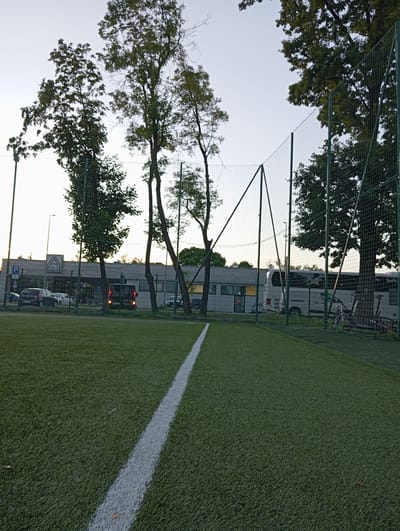The image depicts an outdoor scene on an artificial turf sports field, likely a football pitch, in Radzymin, Poland. A white line marking the edge of the field runs diagonally from the foreground towards the upper right. In the background, behind a green safety net, is a row of trees and a building complex. To the left of the trees, a sign with the Aldi logo is visible. Several vehicles, including cars and a bus, are parked or driving near the building. The sky is clear and appears to be twilight or early morning. The overall impression is of a sports facility adjacent to a commercial area.
