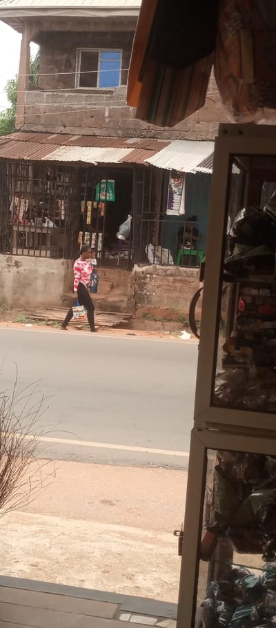 This image depicts a street scene in Umuoji, Nigeria, observed from inside a building or shop. In the midground, an asphalt road runs horizontally, bordered by a white line on its right edge and a reddish-brown dirt shoulder on its left. A person, dressed in a red, white, and black patterned long-sleeved top and black pants, walks left to right along the dirt shoulder, carrying a colorful bag in their left hand.
Across the road, a single-story shop is visible, featuring a corrugated metal roof, part of which is reddish-brown and part silver. The shop's entrance is gated with dark metal bars. Inside the shop, merchandise hangs, including green and white plastic bags. Two individuals are present inside; one, possibly a child, is partially obscured by the gate to the left of the doorway, and another person sits on a green plastic stool to the right of the doorway, engaged with an object in their hands. The shop has a raised entrance with concrete steps.
Above the shop, an unpainted two-story concrete building with visible blockwork features a balcony on its second level. A white-framed window with blue-tinted glass is present on this upper floor. Sparse green foliage is visible to the far left of the upper building. In the immediate foreground, to the bottom right, a segment of a display case or shelving unit is visible, containing various items. To the bottom left, a cluster of thin, dried plant stems protrudes. An overhead brown and green striped awning partially obscures the top right portion of the background building.