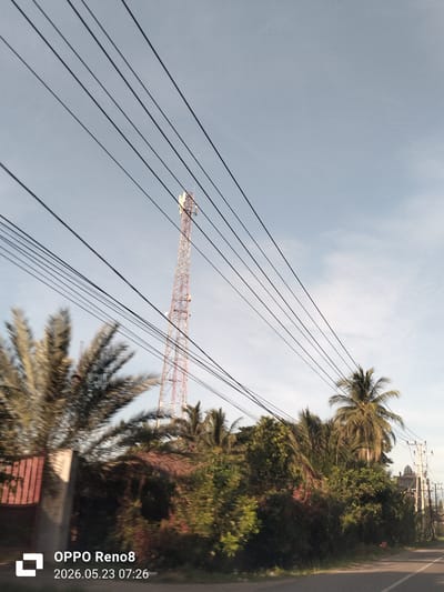 The image shows a scene in Keudealuerheung, Indonesia. In the foreground, there are several trees, including palm trees, and some shrubbery. Power lines stretch across the sky. In the background, there is a communications tower. The sky is partly cloudy. A road is visible at the bottom. A concrete post is visible on the left. Further in the background are power poles.