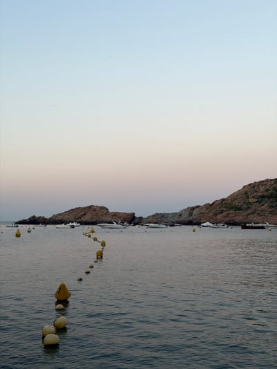 A serene coastal scene at dusk, likely in Begur, Spain, features a tranquil bay dotted with moored boats and a string of yellow buoys marking a path. The water is calm, reflecting the soft hues of the fading sky, which transitions from a pale blue at the top to a delicate pink and orange near the horizon. Rocky, tree-dotted hills form the backdrop, with several white motorboats and a darker vessel anchored in the bay. In the foreground, a line of buoys, including a larger yellow one with a visible number '1', floats on the water, leading into the distance. The overall atmosphere is peaceful and still, capturing the quiet beauty of the Mediterranean coast at twilight.