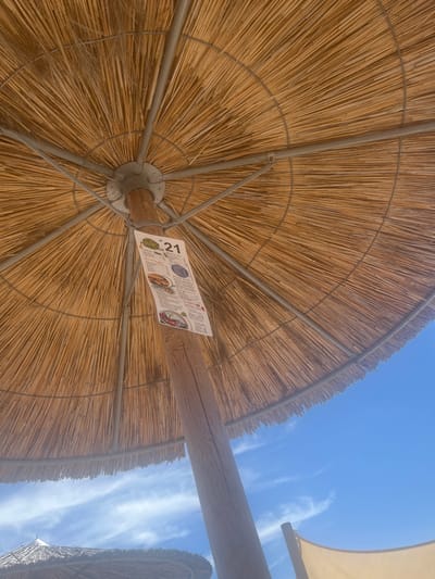 Underneath a thatched beach umbrella in Ofrynio Beach, Greece, a menu is attached to a wooden pole. The menu, titled "Nektar," displays the number "21" prominently. It lists various food and drink categories, including "Coffees," "Beverages," "Pizza," "Burgers," "Club Sandwiches," "Crepes," "Toasts," and "Salads." Images of food items like a pizza, burger, crepe, and salad are visible on the menu. The umbrella's structure, made of thin straw stalks and metal supports, is visible above. In the background, the bright blue sky with scattered white clouds is seen, along with parts of other beach umbrellas and a light-colored awning, suggesting a sunny day at the beach.