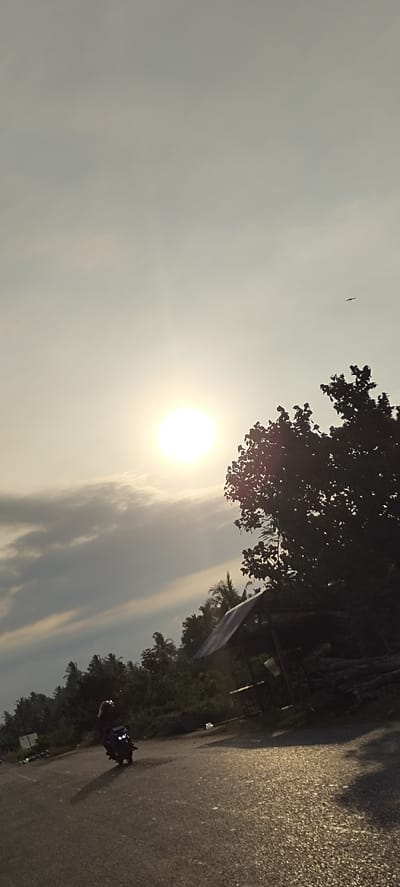 The image depicts a road scene in Meunasahmesjid, Indonesia, during what appears to be sunset or sunrise. The sky is overcast with diffused sunlight creating a bright halo around the sun. To the right, a dense canopy of leaves from a large tree is silhouetted against the sky. In the foreground, a person is riding a motorcycle on the asphalt road. The road surface is wet and reflective, indicating recent rain or dew. Further in the background, a small, rustic shelter with a tin roof is visible, surrounded by vegetation including palm trees. The overall atmosphere is serene and somewhat melancholic due to the low light conditions.