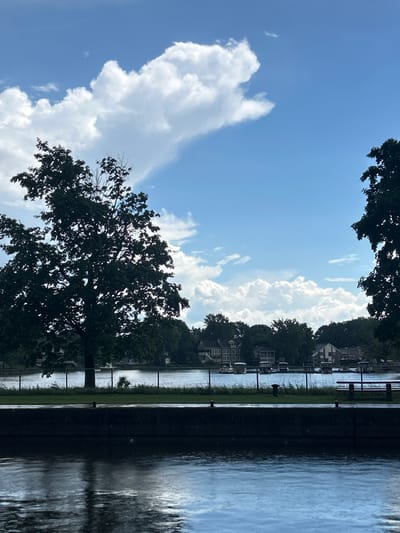 This is a photograph taken in Sainte-Anne-de-Bellevue, Canada. In the foreground, a dark, textured concrete wall runs horizontally across the bottom of the image. Below the wall, the water is dark and reflective, mirroring the sky and trees. Beyond the wall, a fence with green grass and some bushes separates the foreground from a body of water. On the water, several boats are docked in a line. Across the water, a row of houses and trees are visible. The sky is bright blue with large, fluffy white clouds. Two large trees with dark green foliage are silhouetted against the sky on the left and right sides of the image.