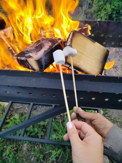 Two people are roasting marshmallows over a fire in a black metal grill. The fire is vibrant and hot, with large flames licking up around several pieces of wood. The marshmallows are on wooden skewers and held close to the heat. One person's hands, with light pink nail polish, hold one skewer, while another hand, with a grey sleeve, holds the second. The grill is on a metal stand, and the ground around it is covered in green grass and some dirt. The scene appears to be outdoors, likely in a rural or backyard setting. The lighting suggests it is daytime, possibly late afternoon or early evening. The overall mood is one of casual enjoyment and outdoor recreation. There is no visible text in the image. The location context is Вазерки, Russia.