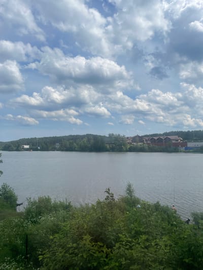 The image depicts a wide view of a body of water in Osel'ki, Russia, under a partly cloudy sky. The sky, occupying the upper third of the frame, features numerous white and grey cumulus clouds interspersed with patches of light blue sky.
The middle ground is dominated by the calm, grey-blue surface of the water, showing subtle ripples. The far shoreline, visible across the water, is heavily forested with dense green trees covering a gentle incline. Within the treeline and along the shore, several structures are visible. On the left, a light-colored building with a dark roof and a tall floodlight pole are partially obscured by trees. Towards the center-right of the far shore, a large, multi-story building with reddish-brown gabled roofs and darker walls, possibly a resort or hotel, stands prominently. To its immediate right, a smaller, lighter-colored building with a blue base is visible.
The foreground consists of a densely vegetated bank sloping towards the water, filled with various green bushes, small trees, and some white flowering plants. On the right side of the foreground, near the water's edge, a man with a bare torso and a white cap is standing in the shallow water, actively engaged in fishing with a visible rod extending upwards. Next to him, a dark-colored dog with white markings is also standing in the water. Further to the left and partially obscured by foliage, another individual wearing a light-colored top is present near the shoreline.