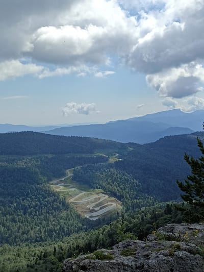 The image depicts a panoramic view of a mountainous landscape near Podgorny, Russia. In the foreground, a rocky outcrop with sparse vegetation and small yellow flowers is visible. A winding paved road, appearing as a light-colored ribbon, snakes its way down a steep, densely forested mountainside. The road exhibits numerous sharp turns and switchbacks, suggesting a significant elevation change. The surrounding slopes are covered with lush green trees, transitioning to darker hues as they recede into the distance. In the background, several layers of hazy blue mountains are discernible, fading into the horizon under a sky filled with a mix of white and gray clouds. A small, dark object, possibly a bird or an insect, is visible in the sky. The overall scene conveys a sense of vastness and natural beauty.