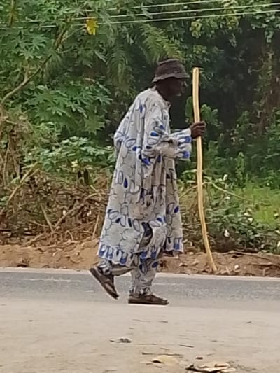 An individual, likely an older person, is depicted in a full-body side profile, walking from left to right across a road. The person has dark skin and is wearing a dark, soft-brimmed hat, possibly a bucket hat. They are dressed in a flowing, loose-fitting garment that appears to be a matching top and bottom set. The fabric is light-colored, possibly off-white or light grey, with a repeating pattern of abstract or stylized blue and grey motifs. The sleeves are long and wide, and the overall attire suggests a traditional or comfortable style.

In their right hand, the person holds a long, light-colored wooden staff or walking stick, which is slightly curved and extends from near their shoulder to the ground. The person's left foot is lifted mid-stride, wearing a dark flip-flop or sandal, while the right foot, planted on the ground, appears to be in a different, possibly closed, dark shoe or sandal.

The setting is outdoors, characterized by a lush, green background of dense foliage, indicative of bushes, trees, and other plant life. The road surface consists of a darker, paved area in the center and lighter, possibly dirt or gravel, shoulders. A few small pieces of debris are visible on the road surface. Faint, dark lines, possibly utility wires, are visible against the green backdrop in the upper part of the image. The lighting suggests it is daytime, with no harsh shadows, indicating perhaps a cloudy day or early morning/late afternoon light. No text is visible in the image.