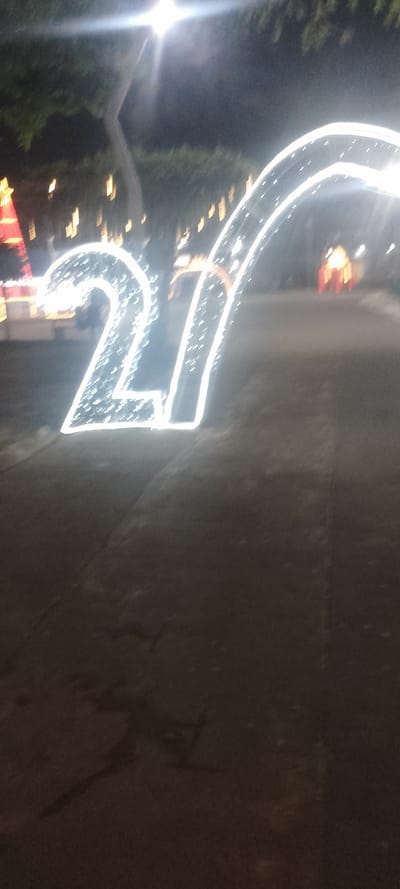 The image depicts an outdoor night scene in La Fría, Venezuela. In the midground, large illuminated structures form the numbers '2' and '1' in white lights, positioned on a dark ground surface. To the immediate right of the number '1', a white illuminated archway is partially visible, extending upwards and to the right. Further in the background, dark tree foliage is present, interspersed with blurred yellow and orange lights. A distinct bright light source in the upper center creates a prominent lens flare. A small, indistinct structure with red illumination is visible further down the path in the background. The ground is dark, appearing to be paved, with some visible cracks and irregularities. No individuals are present in the frame.