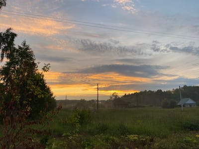 A horizontal, eye-level, medium shot captures a rural landscape at dusk in Baklushi, Russia. The sky is a gradient of colors, with streaks of orange and yellow near the horizon, transitioning to lighter hues of pink, gray, and pale blue with wispy clouds. Two dark power lines stretch horizontally across the upper portion of the frame. In the foreground, to the left, is a tree with dark, bare branches and some green and brown leaves. The middle ground features a grassy field with tall weeds and some smaller bushes. In the distance, several small wooden houses are visible, scattered amongst trees. A single utility pole stands prominently in the center of the frame, with another further to the right. The overall impression is one of a quiet, serene evening in a rural setting.