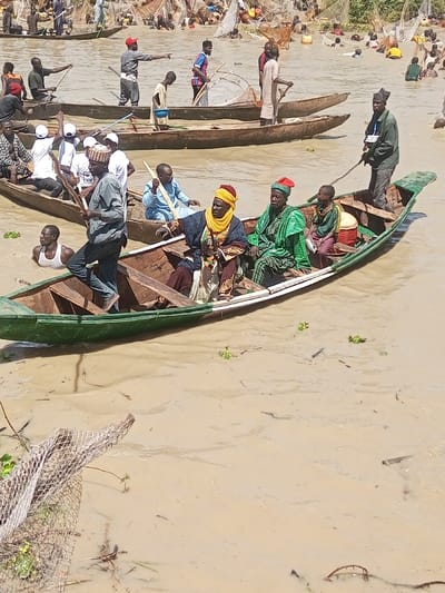 This image captures a densely populated communal fishing event on a muddy brown body of water in Kokani North, Nigeria.

In the foreground, a prominent green and brown wooden canoe is positioned towards the viewer's right. It contains five individuals: a male standing on the left, wearing a grey shirt, dark pants, and a patterned cap, holding a wooden implement; two seated males in the center, one adorned in elaborate blue, gold, and red robes with a yellow headwrap, gesturing with his right hand, and the other in a green patterned robe and a red cap; a child in a green shirt and reddish-brown shorts seated further back, near a red cooler; and a male standing at the stern, wearing a dark green shirt, dark pants, and a dark cap with a visible lanyard, propelling the canoe with a long pole. To the immediate left of this canoe, a male in a white sleeveless top is partially submerged in the water.

The midground features several additional wooden canoes, each carrying multiple occupants. Individuals are seen standing and sitting within these boats, many holding long poles or various types of fishing nets. One male in a midground boat, wearing a red cap, is observed pointing towards the left. The background reveals a wide expanse of the water body, densely crowded with numerous individuals both in smaller canoes and wading in the water, actively engaged in fishing using nets and bare hands. Large fishing nets are visible above the water surface in the distant background. The water is turbid and brownish, with scattered aquatic plants and debris. The scene is illuminated by bright daylight.