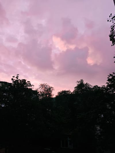 The image shows a view of the sky at dusk, likely in Urozhaynyi, Russia. The sky is dominated by pink and purple clouds with hints of orange light. The foreground features the silhouettes of trees. A building is partially visible on the left side of the image. A window is visible on the bottom portion of the image. No people are visible in the image.