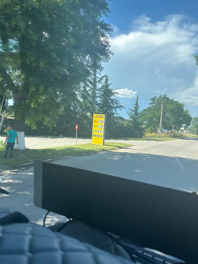 This is a photograph taken from inside a vehicle, looking out at a gas station and its surroundings. The gas station sign is a tall yellow rectangle displaying fuel prices. The prices shown are "EURO DIESEL 1.58", "A 95 H 1.47", and "LPG 0.71". Below these prices are smaller logos and the words "NON STOP". A man in a teal shirt and dark pants is standing on the grass to the left of the gas station sign, near a tree that has been painted white around its base. He appears to be looking at something on a ladder that is leaning against the tree. A red stop sign is visible behind the man. The scene is set against a backdrop of trees and a blue sky with white clouds. The road in front of the gas station appears to be asphalt. The overall impression is that of a sunny day in a somewhat rural or suburban setting in Topolovgrad, Bulgaria.