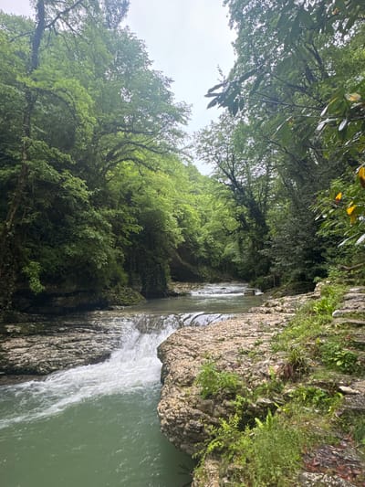 The image depicts a waterfall in Tsabal, Abkhazia, surrounded by lush greenery. Water cascades over a rocky cliff face into a pool below. The scene is framed by trees and foliage, indicating a natural, outdoor environment. The sky is overcast, suggesting cloudy weather conditions. No people are visible.