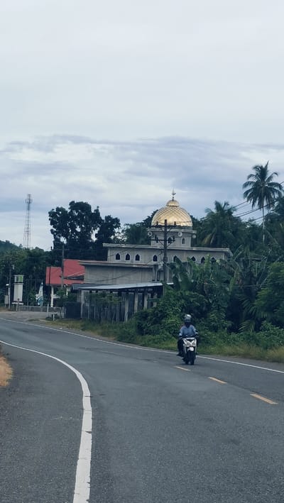 The image depicts a rural or semi-rural scene in Lonbaroh, Indonesia, under an overcast sky. A single person on a white scooter, wearing a light blue shirt and a helmet, is riding along a two-lane asphalt road that curves gently to the left in the foreground. The road has both white and yellow lane markings.
In the midground, a prominent golden-domed mosque stands out amidst lush green tropical foliage. The mosque appears to be constructed from grey concrete, featuring arched windows and topped with a shining golden dome and a crescent moon finial. Behind the mosque, a red-roofed building is partially visible, tucked among the trees. Utility poles and power lines are present along the roadside and near the mosque structure.
To the far left, a tall, metallic telecommunications tower rises above the dense tree line. The surroundings are rich with vegetation, including several palm trees and thick undergrowth. The sky is uniformly cloudy and light grey, suggesting an overcast day with diffused lighting conditions. There is no visible text that is legible. The scene portrays a tranquil moment of daily life, highlighting local architecture and natural scenery.