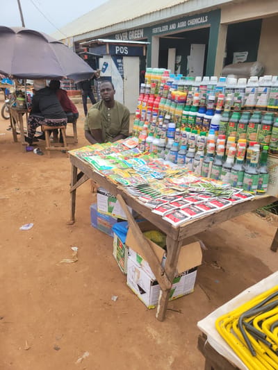 This media file captures an outdoor scene in Bokkos, Nigeria, likely a marketplace or roadside stall. The primary subjects are a man in a green shirt squatting near a display of agrochemical products and other individuals partially visible in the background.
The stall is laden with numerous bottles and packets of fertilizers and agrochemicals, with prominent labels such as "SILVER GREEN FERTILIZER AND AGRO CHEMICALS," "RAFAST," "FAVNEFORCE," "PARAO," and "DESTOX." The products are arranged in an organized manner on wooden shelves and a sloping table. Behind the stall, a store or building is visible with signage that includes "POS." In the foreground, a partially open umbrella provides shade for other people seated on wooden stools. Yellow and gray metal structures are also present in the background, possibly part of other market stalls.
The ground is covered with reddish-brown earth, indicating an outdoor, possibly rural or semi-urban, setting. The lighting suggests it is daytime. The man in the green shirt appears to be engaging with the viewer, and the overall atmosphere seems to be one of commerce and daily activity within a community. The image conveys a sense of local trade and the availability of agricultural supplies.