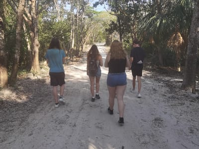 Four people are walking on a sandy path through a wooded area. The path is bordered by dense vegetation and trees on both sides. The people are walking in a single file line. The person at the back is wearing a blue shirt and black shorts. The person in the middle is wearing a black shirt and denim shorts. The person in front of them is wearing a black tank top and denim shorts. The person at the front is wearing a blue shirt and denim shorts. All four people are wearing white sneakers. The location is a wooded area near the coordinates 20.491, -87.256 in San José, Mexico.