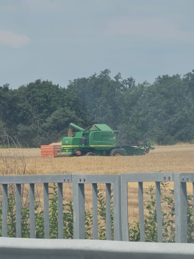 The image captures a combine harvester in operation within a field of dry crops, likely wheat, under a hazy sky. The harvester, a vibrant green John Deere model, is actively collecting the crop, with a spout directing grain into an orange trailer positioned alongside it. In the background, a dense line of dark green trees forms a natural border to the field, suggesting a rural or agricultural setting. In the foreground, a grey metal guardrail with vertical slats partially obstructs the view of more vegetation, hinting at a road or walkway bordering the field. The overall scene conveys a sense of agricultural activity, likely during harvest season. There are no people visible in the image. The location is described as Unknown, Bulgaria.