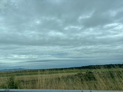 The image shows a wide, overcast sky filled with layered clouds of varying shades of gray. Below the sky, a landscape unfolds, characterized by rolling hills and agricultural fields. In the foreground, dry, tall grasses are visible, suggesting a rural setting. The middle ground features a patchwork of cultivated fields in hues of green and yellow. Further in the distance, a line of trees forms a dark green band along a ridge, and beyond that, the hazy outlines of hills are discernible against the horizon. The overall impression is one of a vast, open, and somewhat muted natural environment under a cloudy sky. The image is taken from a slight elevation, possibly from a vehicle, as indicated by a metal railing in the lower part of the frame. The location is identified as Zavoy, Bulgaria, suggesting this is a view of the Bulgarian countryside.