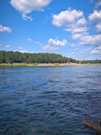 The image captures a serene river landscape under a bright blue sky dotted with fluffy white clouds. The foreground is dominated by the dark blue, slightly rippled water of a wide river. In the middle ground, a sandy shore is visible, backed by a dense forest of green pine trees that stretches across the horizon. A few small figures, possibly people, are present on the shore, along with a dark-colored vehicle and what appears to be a light-colored object. In the far distance, a faint plume of smoke rises from behind the trees, suggesting some distant industrial activity. The overall scene depicts a tranquil natural environment, likely in Abalakovo, Russia, given the context.