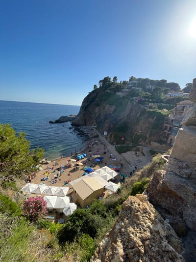 This is an aerial view of a crowded beach on a sunny day. The beach is situated at the base of a steep, rocky cliff face with several buildings nestled into the hillside. The sea is a deep blue and calm, with a few small waves lapping at the shore. The beach itself is sandy and dotted with numerous beach umbrellas and chairs, indicating a popular spot. Many people are visible on the beach, some sunbathing, others walking, and some in the water. There are also several white umbrellas set up in a row, suggesting a beach club or rental service. Lush green vegetation covers the cliff face and spills down towards the beach. The overall scene is one of a vibrant and bustling summer beach day, likely during midday given the bright sunlight and clear blue sky. The location appears to be a picturesque coastal town.