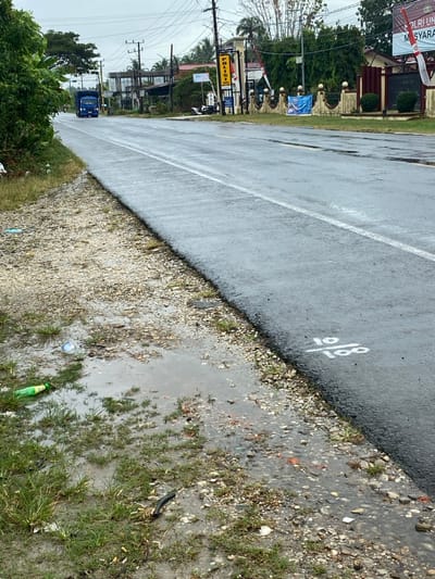 The image captures a ground-level view of a wet asphalt road, its shoulder, and an adjacent grassy verge, suggesting recent rainfall. The perspective is angled downwards and to the left, with the road stretching into the distance towards the upper left portion of the frame.
The main subject is a dark gray asphalt road, appearing slick and reflective due to being thoroughly wet. A solid white line runs along the right edge of the visible road surface, parallel to the shoulder. Further to the left (towards the center of the road), a fainter, dashed white line can be discerned. On the asphalt, close to the gravel shoulder, are white painted markings: "10" positioned above "100", written vertically, possibly indicating a percentage, a fraction, or a specific measurement point.
Adjacent to the asphalt road is a roadside shoulder composed of light-colored gravel and small stones. This area is also saturated with water, forming numerous shallow puddles that reflect the dull, overcast sky. Sparse green vegetation sprouts between the stones.
To the right of the gravel shoulder is a grassy verge. This area is lush with green grass, which is also wet and muddy. Several larger puddles of standing water are scattered across the grass. Visible within the puddles and among the grass is various litter, including a white plastic cup, a green plastic bottle, what appear to be cigarette butts, and other small debris, indicating a lack of regular clean-up.
In the background, along the left side of the wet road, a semi-urban or rural street scene unfolds under an overcast sky. A series of buildings, some with reddish or terracotta-colored roofs and facades, line the road. Green trees and bushes are interspersed between the buildings and along the roadside. Multiple utility poles, laden with power lines, stand along the road, indicating electrical infrastructure.
Several signs are visible in the background:
* A large banner or sign on one of the buildings features red and white stripes, resembling a flag, and partially legible text that includes "DIRI LIN..." and "MASYARAKAT...", suggesting an Indonesian context.
* Further down the road, a blue banner is visible.
* A prominent sign with yellow letters on a dark background clearly reads "POLISI," which is the Indonesian word for Police.
* In the far distance, a dark blue truck, possibly a pickup or a small utility vehicle, can be seen driving away on the wet road, underscoring the sense of a normal day despite the wet conditions.
The overall impression is that of an ordinary street scene shortly after a rain shower, characterized by wet surfaces, puddles, and some visible roadside litter, within what appears to be an Indonesian-speaking region. The lighting suggests it is daytime, under a heavily clouded sky.