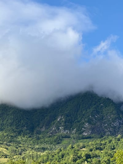 The image displays a verdant, steep mountainside partially shrouded in a soft, white mist. The mountain is covered in dense green foliage, with patches of grey rock visible through the vegetation. The mist clings to the mountainside, obscuring the lower sections and creating a dramatic, ethereal atmosphere. Above the mist, the sky is a bright, clear blue with a few wispy white clouds. The sun appears to be shining, suggesting it is daytime, likely mid-morning or afternoon given the lighting.

The scene evokes a sense of natural beauty and tranquility. The rich green of the trees contrasts with the pale mist and the vibrant blue of the sky. The scale of the mountain suggests a remote and wild location. There are no people or man-made objects clearly visible, emphasizing the natural grandeur of the landscape. The overall impression is one of a serene, untouched natural environment. The presence of mist is a notable weather detail, indicating a possibly cool or humid climate typical of mountainous regions. The overall setting is a mountainous landscape.