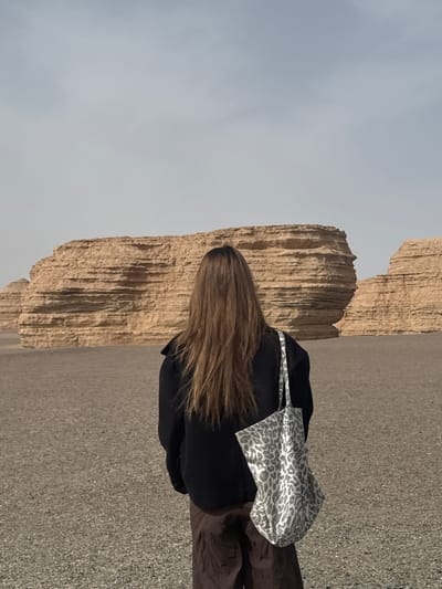 A vertical shot, rotated 90 degrees clockwise, captures a person from behind, seemingly walking or standing in an open, desert-like landscape. The individual, whose gender is not explicitly identifiable but has long, straight brown hair, is wearing a black long-sleeved top or jacket and dark brown pants. A light grey and white leopard-print tote bag is slung over their left shoulder.

In the mid-ground, distinctive tall, eroded rock formations, characteristic of Yadan landforms, rise from the flat terrain, displaying vertical striations and natural wear. The ground beneath the person and extending into the distance is covered in light-colored gravel or small stones. The sky, which occupies a significant portion of the background, is overcast and a uniform light grey, suggesting either a cloudy day or a hazy atmosphere. The overall lighting is soft and diffuse. No specific activity beyond being present in the landscape is clearly depicted. There is no visible text in the image. The scene suggests an exploration or visit to a geological park or desert region, consistent with the location context of Dunhuang City, China.