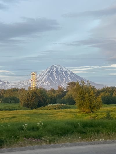 An outdoor, vertical, full shot captures a snow-capped mountain under a cloudy sky. The mountain is partially obscured by trees in the foreground and a power line that stretches across the frame. A single, bright yellow power line tower stands in front of the mountain. The ground in front of the trees is covered in green grass. The image appears to be taken from a moving vehicle, as suggested by the blurred foreground. The location is identified as Kytkino, Russia.