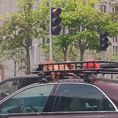 The image shows a car with luggage on its roof rack, positioned near a traffic light displaying a red left turn signal, presumably in Chancheng District, China. The vehicle is burgundy and the window reflects light and shapes inside. The car is stopped as the traffic light signal has a red left turn indicator. Trees and buildings are visible in the background.