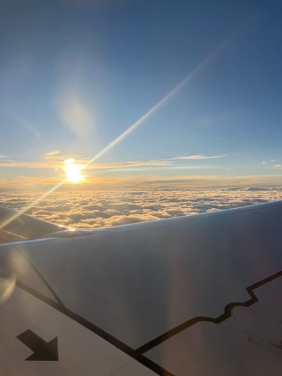 From an airplane window, the sun shines brightly above a blanket of golden clouds. The sky transitions from a light blue to a hazy horizon where the clouds meet. Part of the airplane's wing is visible, with an arrow design indicating direction. The sunlight reflects intensely off the wing's surface, adding to the overall brightness of the scene.