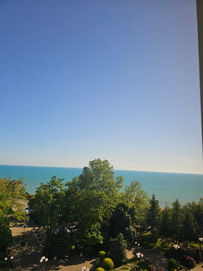 The image depicts a scenic view of the sea and a park-like area from an elevated perspective. The sky is a clear, bright blue, transitioning to a lighter hue near the horizon where it meets the turquoise sea. Lush green trees dominate the foreground and midground, with some appearing to be very large and mature.
The park area below features paved walkways, lampposts with multiple globes, and manicured bushes. Benches are visible along the pathways, suggesting a public space designed for relaxation. Some decorative elements, like a heart-shaped planter, are also noticeable. The sun is shining, casting shadows from the trees onto the ground, indicating it is likely daytime, possibly late morning or early afternoon.
While the scene appears serene, there are no people prominently visible. The overall impression is one of a tranquil, well-maintained coastal park on a sunny day. The location context of Lermontovo, Russia, suggests this could be a resort or a popular public space for residents and tourists to enjoy the seaside. No text is visible in the image.