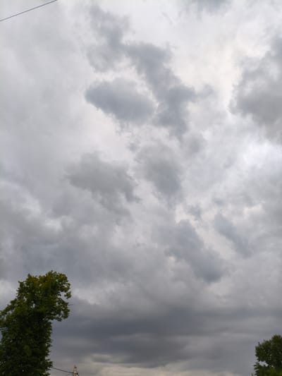 The image depicts a cloudy sky with a few trees visible in the foreground. A prominent tree with green foliage is on the left side of the frame, leaning to the right. Another tree, partially visible, is on the far right. The sky is filled with various shades of gray clouds, suggesting an overcast or potentially stormy day. The scene appears to be an outdoor environment, possibly a park or a residential area. There are no people or visible actions captured in the image.