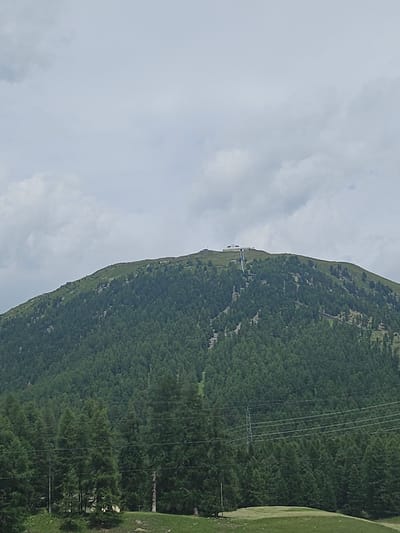 A panoramic view captures a lush green mountainside in Samedan, Switzerland. The mountain is densely covered with evergreen trees, creating a vibrant, textured surface that slopes upwards towards a clear, overcast sky. At the very peak of the mountain, a long, white structure with several windows is visible, possibly a building or a series of connected structures. A thin, dark line, likely a cable or track, descends from the structure down the mountainside, suggesting a lift or transportation system. In the foreground, the base of the mountain is marked by a band of even denser, darker green trees, suggesting a lower altitude forest. A few power lines stretch across the scene, supported by metallic pylons, indicating human infrastructure in the otherwise natural landscape. The overall impression is one of a serene, mountainous environment under a bright, cloudy sky.