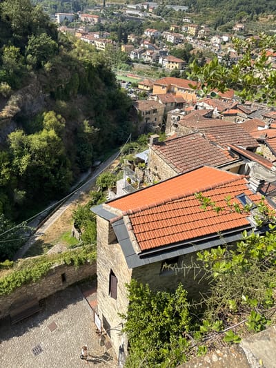 The image captures a high-angle view of a narrow, cobblestone alleyway in the historic medieval village of Dolceacqua, Italy. A stone wall with greenery growing along its top runs along the left side of the alley. A dark wooden bench is positioned against this wall, with a grate in the pavement in front of it. A lone person, seen from behind, wearing a white shirt and shorts, stands in the alley, facing away from the camera. Their legs and feet are visible. Further down the alley, a vintage street lamp is attached to a stone building. The alleyway leads towards a larger structure with a prominent orange-tiled roof in the foreground, which appears to be a building within the village. Beyond this, the image expands to show a dense collection of buildings with red-tiled roofs, characteristic of Italian villages, climbing up the surrounding hillsides. Lush green trees and vegetation cover the slopes, with a winding path or road visible in the distance. The overall impression is of a sun-drenched, ancient Italian village set amidst a verdant landscape.