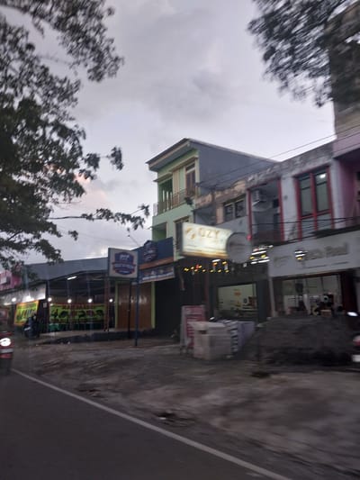 In Walennae, Indonesia, a street scene unfolds under a cloudy sky. The image captures a row of buildings, some appearing to be shops or food stalls. A prominent sign in the foreground reads "MEAT N FRESH". Further down the street, another sign with yellow lettering says "OZY". The buildings show varying architectural styles and states of repair, with some featuring balconies and multiple stories. The ground level of some buildings appears to be open, revealing interior spaces with some lighting. Several signs with illustrations of poultry and fish are visible on the left side of the street, suggesting food vendors. A motorcycle is parked near the "MEAT N FRESH" sign, and another is partially visible on the far left. Piles of sand and construction materials are present on the right side of the road. The perspective suggests the photo was taken from a moving vehicle, as evidenced by the motion blur in the trees and parts of the scene. The overall atmosphere is that of a commercial street in a town or city, likely during the late afternoon or early evening given the lighting.